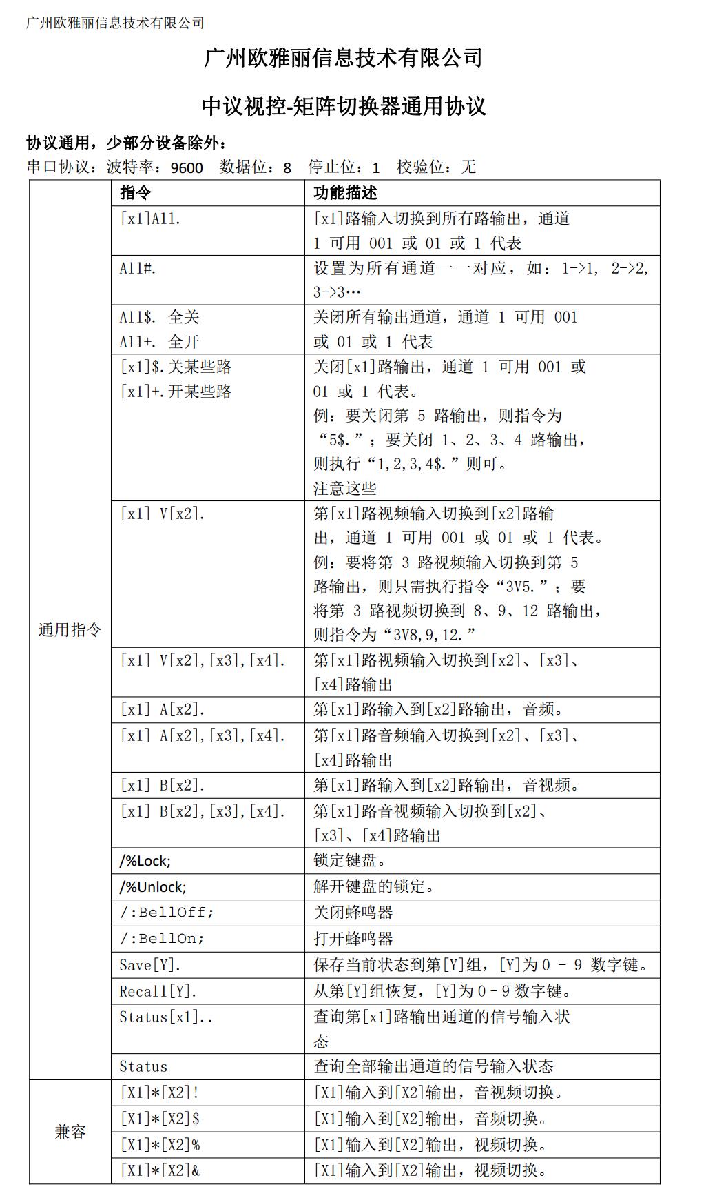 矩阵切换器通用协议